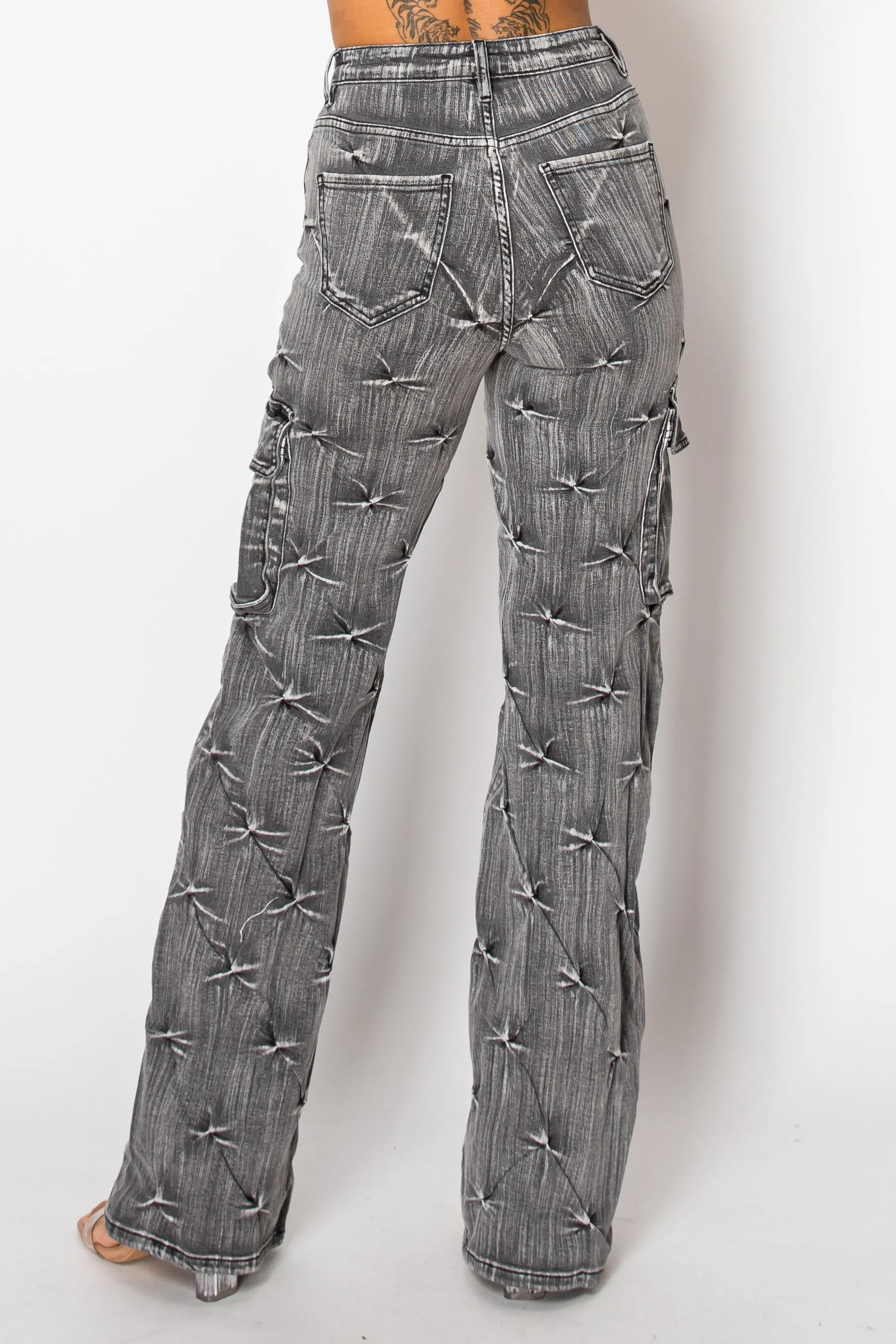 40588 High Rise Straight Leg Cargo Jeans W/ Tack Destruction