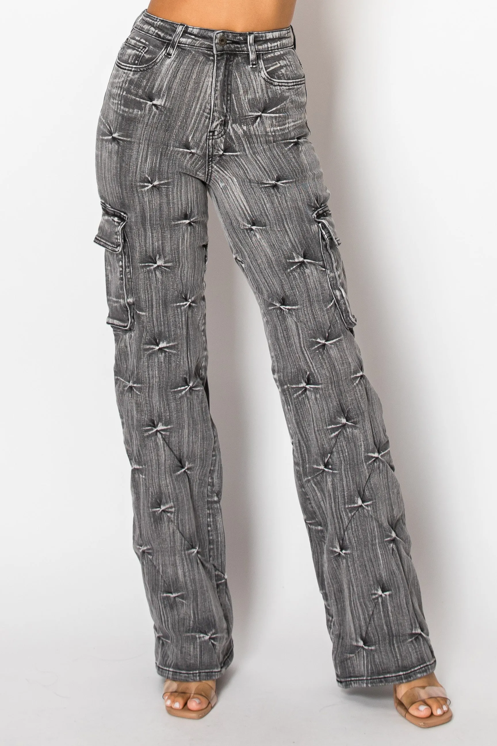 40588 High Rise Straight Leg Cargo Jeans W/ Tack Destruction