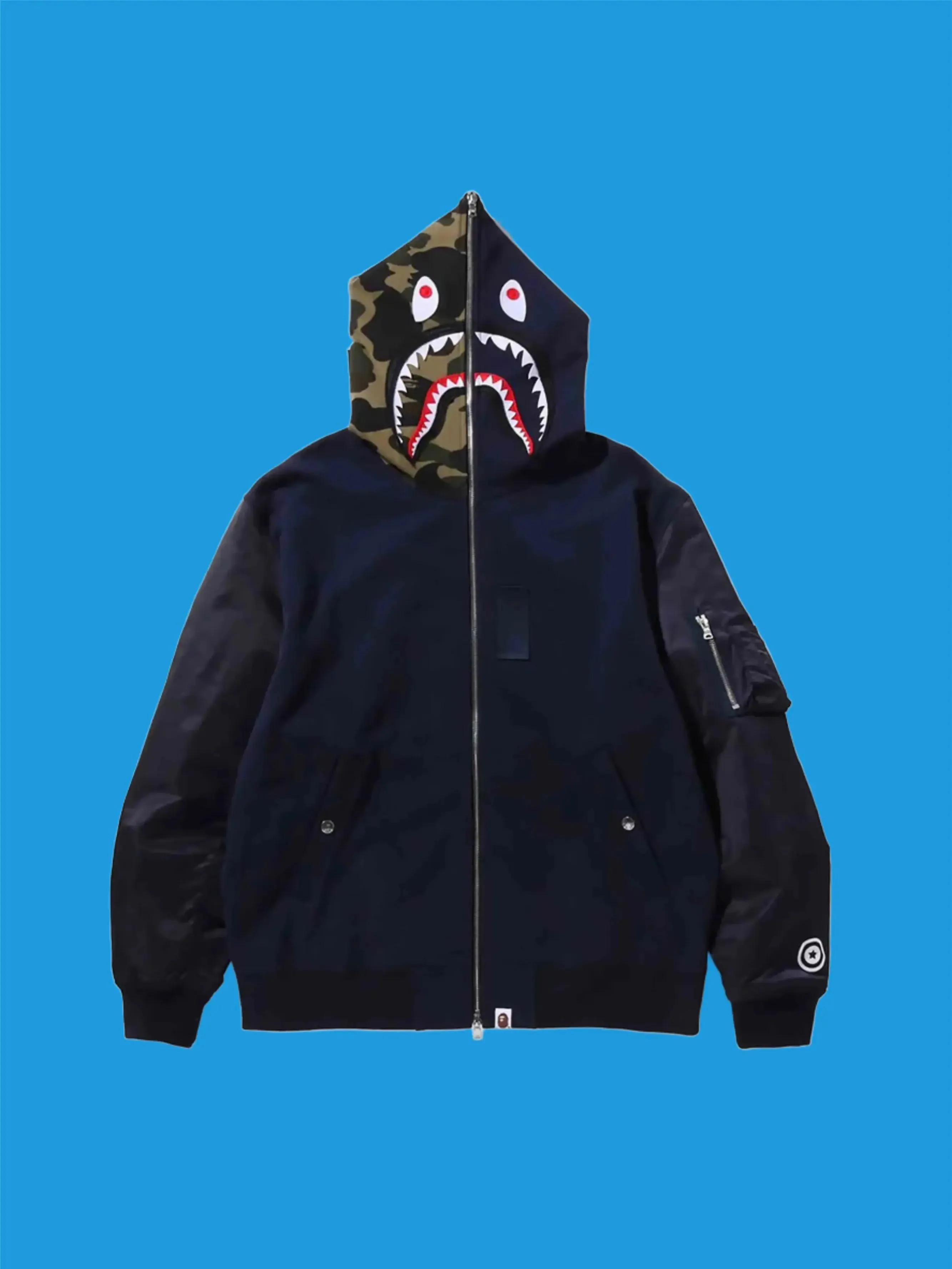 A Bathing Ape Military Shark Relaxed Fit Full Zip Hoodie Navy