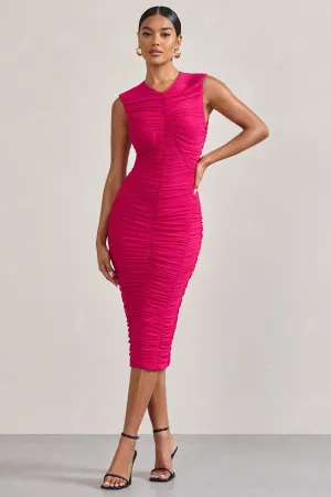 Alight | Fuchsia Pink Ruched Mesh Sleeveless Bodycon Midi Dress