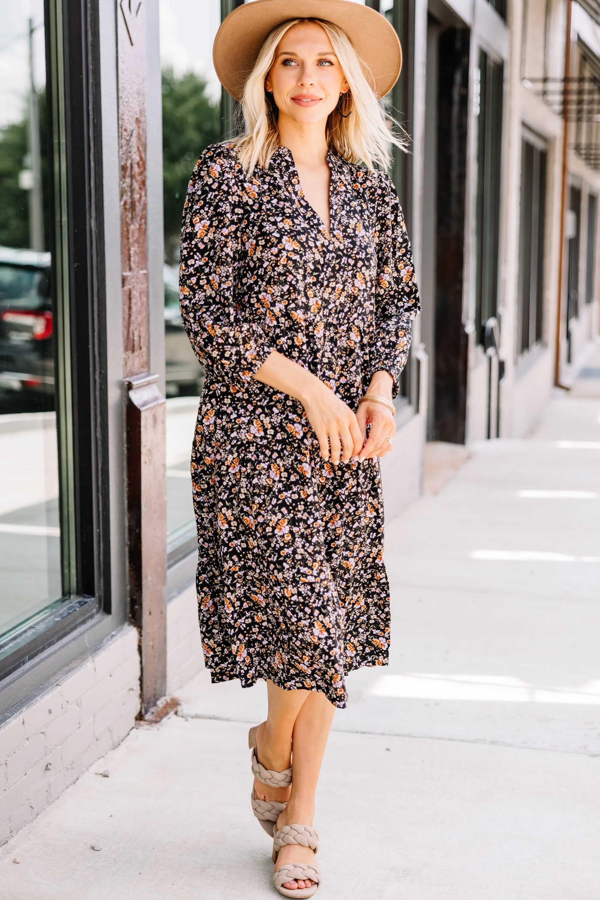 All Eyes On You Black Ditsy Floral Midi Dress