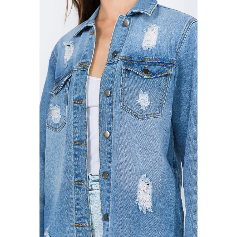 American Bazi Distressed Frayed Hem Denim Jacket