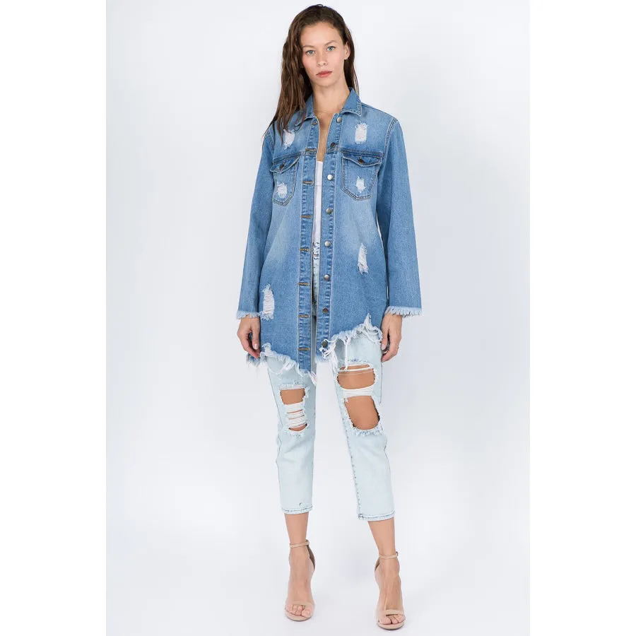 American Bazi Distressed Frayed Hem Denim Jacket