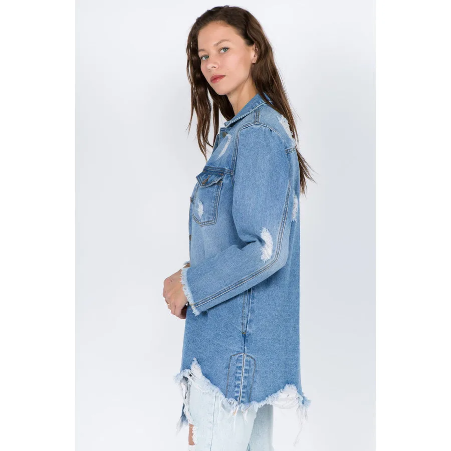 American Bazi Distressed Frayed Hem Denim Jacket