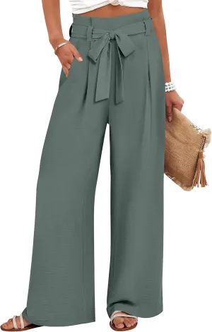 ANRABESS Womens Wide Leg Palazzo Pants Belted High Waisted Business Casual Flowy Long Trousers with Pockets