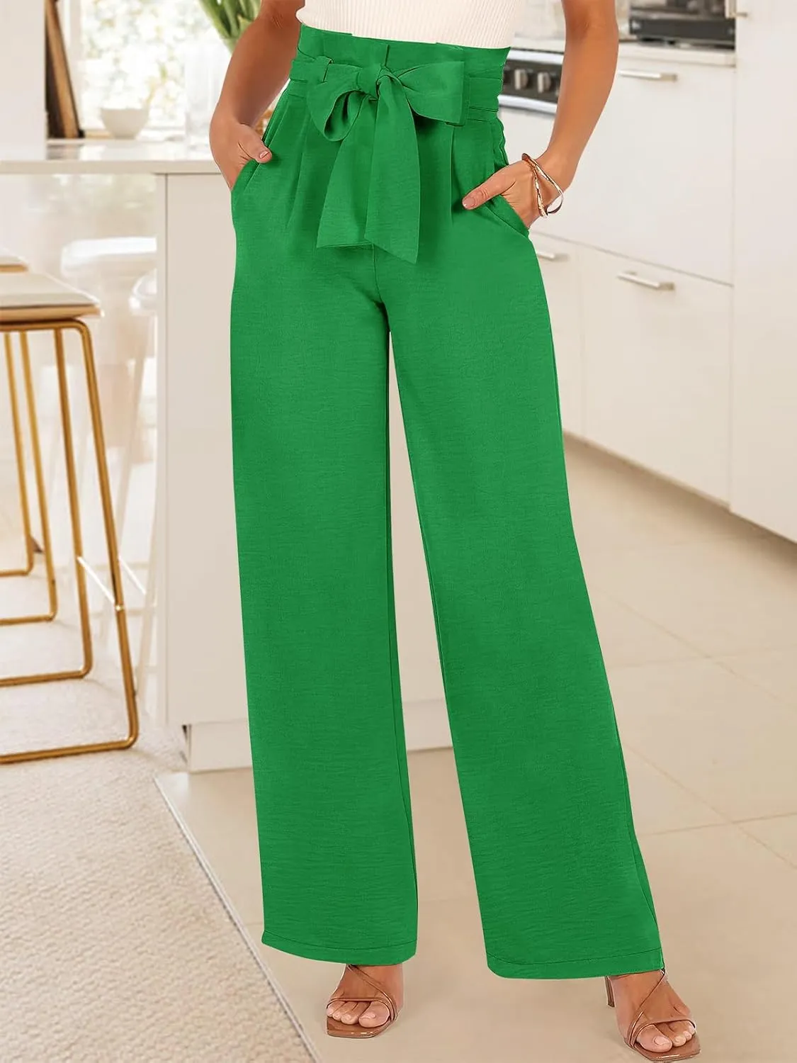 ANRABESS Womens Wide Leg Palazzo Pants Belted High Waisted Business Casual Flowy Long Trousers with Pockets