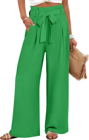 ANRABESS Womens Wide Leg Palazzo Pants Belted High Waisted Business Casual Flowy Long Trousers with Pockets