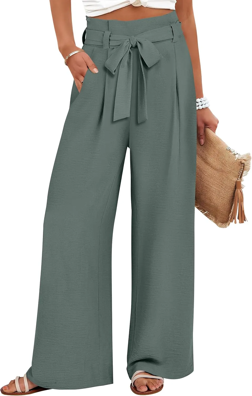 ANRABESS Womens Wide Leg Palazzo Pants Belted High Waisted Business Casual Flowy Long Trousers with Pockets