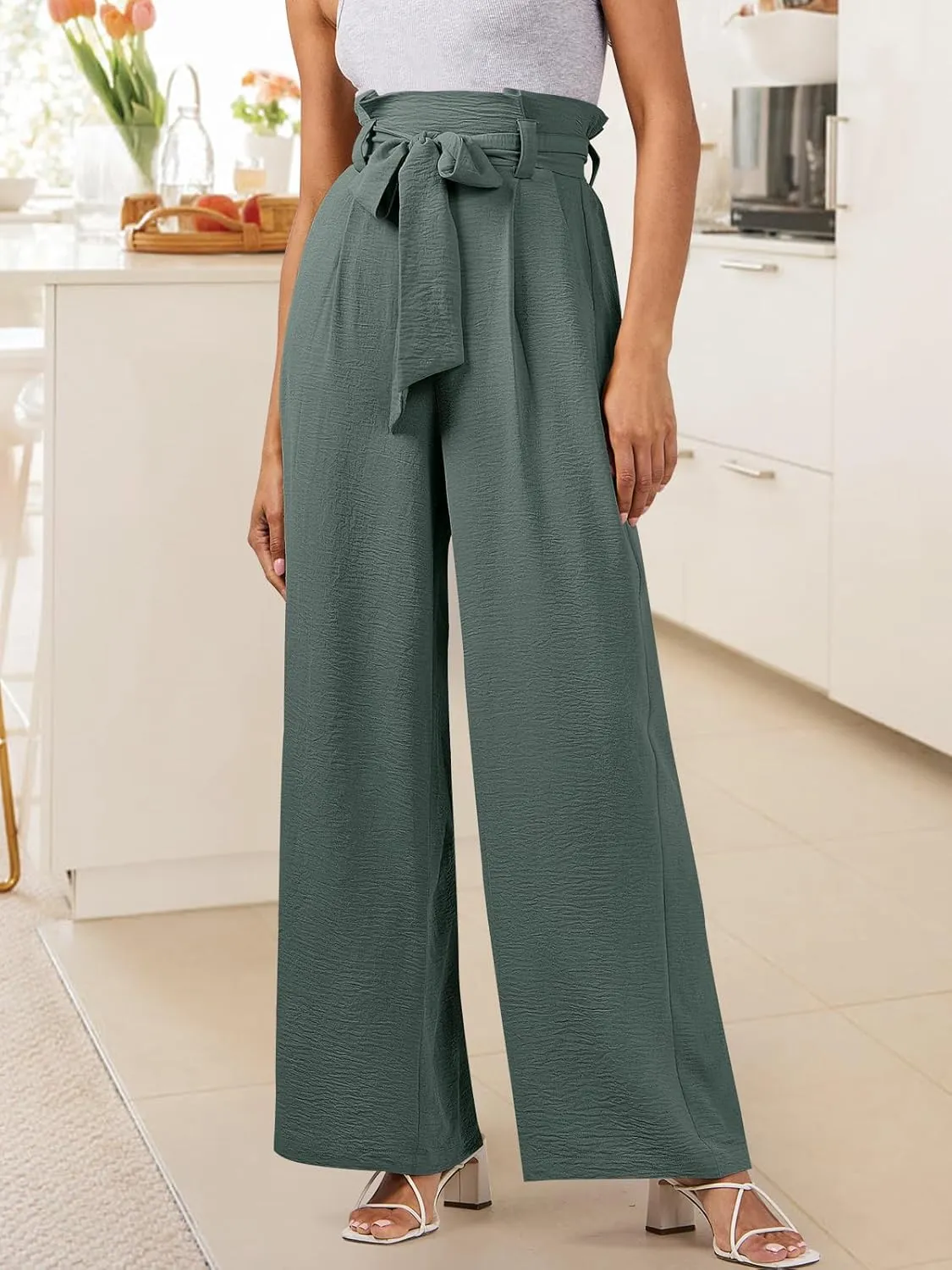 ANRABESS Womens Wide Leg Palazzo Pants Belted High Waisted Business Casual Flowy Long Trousers with Pockets