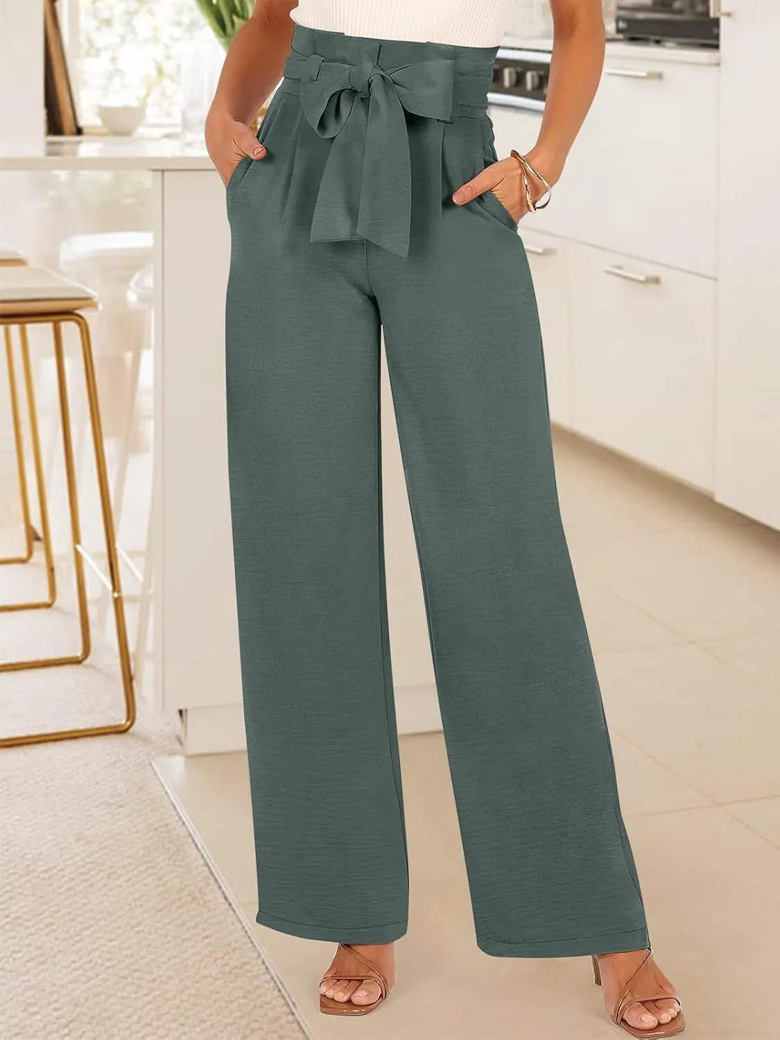 ANRABESS Womens Wide Leg Palazzo Pants Belted High Waisted Business Casual Flowy Long Trousers with Pockets