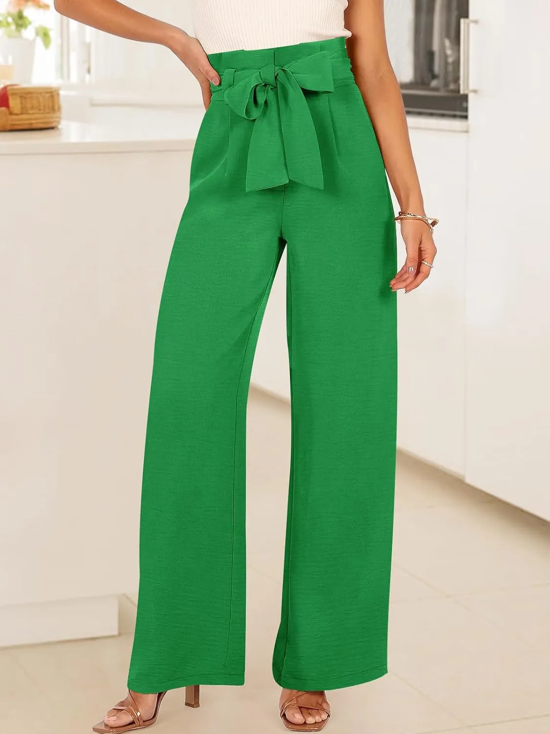 ANRABESS Womens Wide Leg Palazzo Pants Belted High Waisted Business Casual Flowy Long Trousers with Pockets