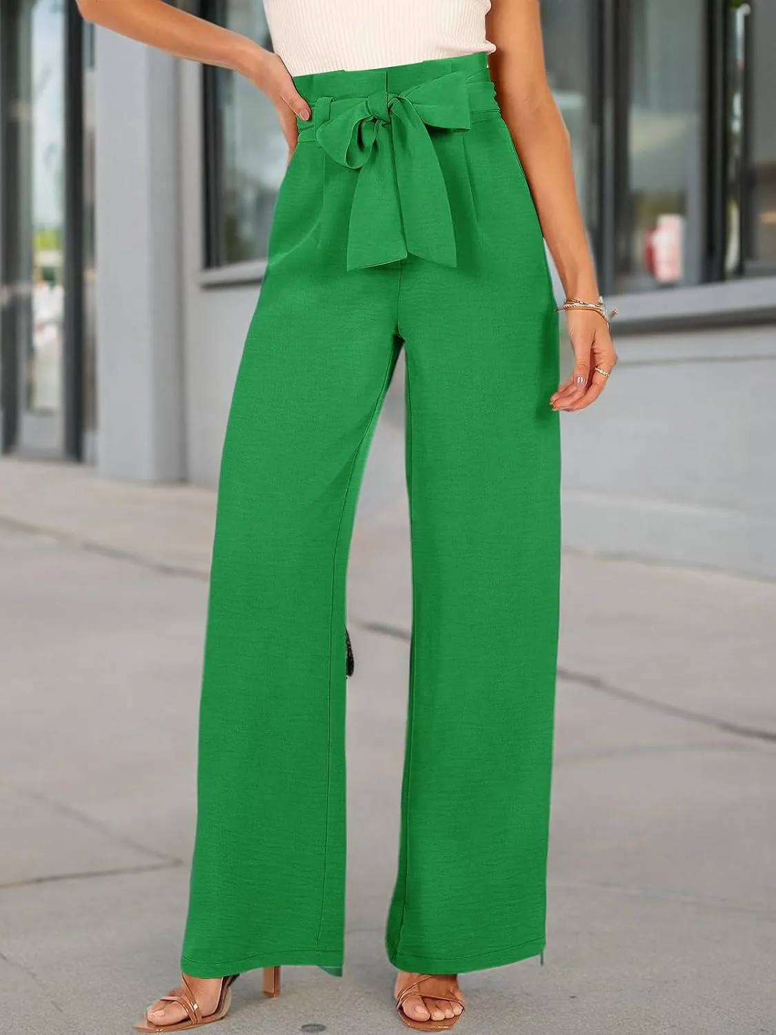 ANRABESS Womens Wide Leg Palazzo Pants Belted High Waisted Business Casual Flowy Long Trousers with Pockets