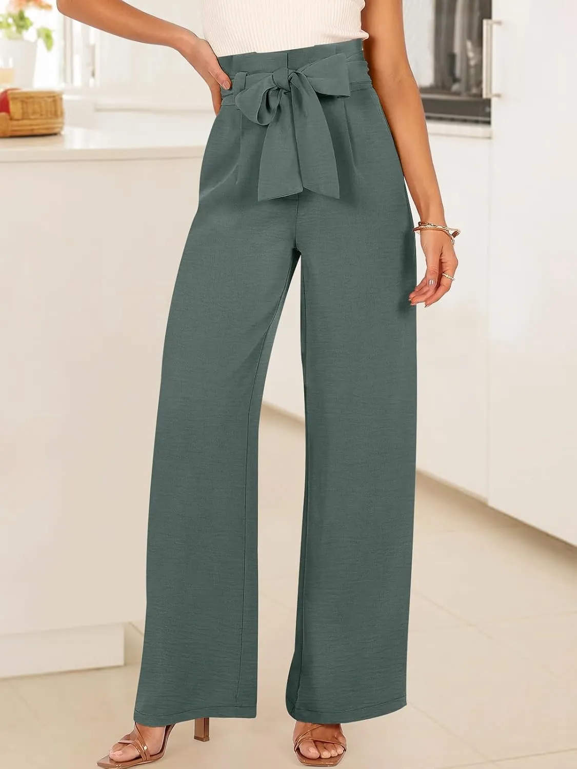 ANRABESS Womens Wide Leg Palazzo Pants Belted High Waisted Business Casual Flowy Long Trousers with Pockets