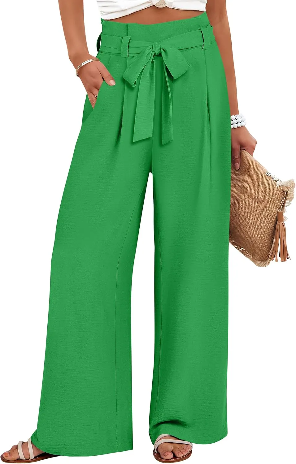 ANRABESS Womens Wide Leg Palazzo Pants Belted High Waisted Business Casual Flowy Long Trousers with Pockets