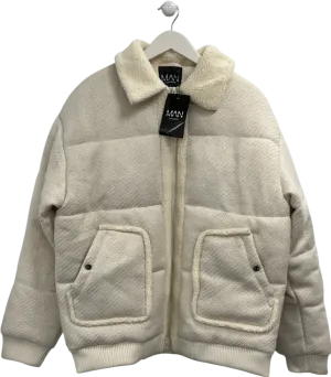 boohoo Cream Textured Puffer Borg Collar Harrington Coat UK L