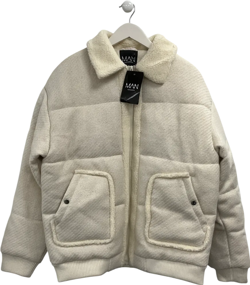 boohoo Cream Textured Puffer Borg Collar Harrington Coat UK L