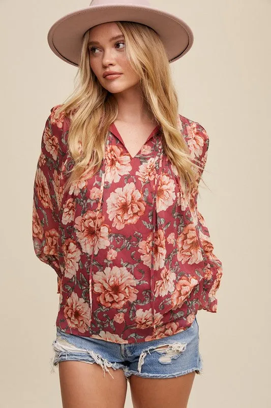 Casey Long Sleeve Floral Print Top Magenta