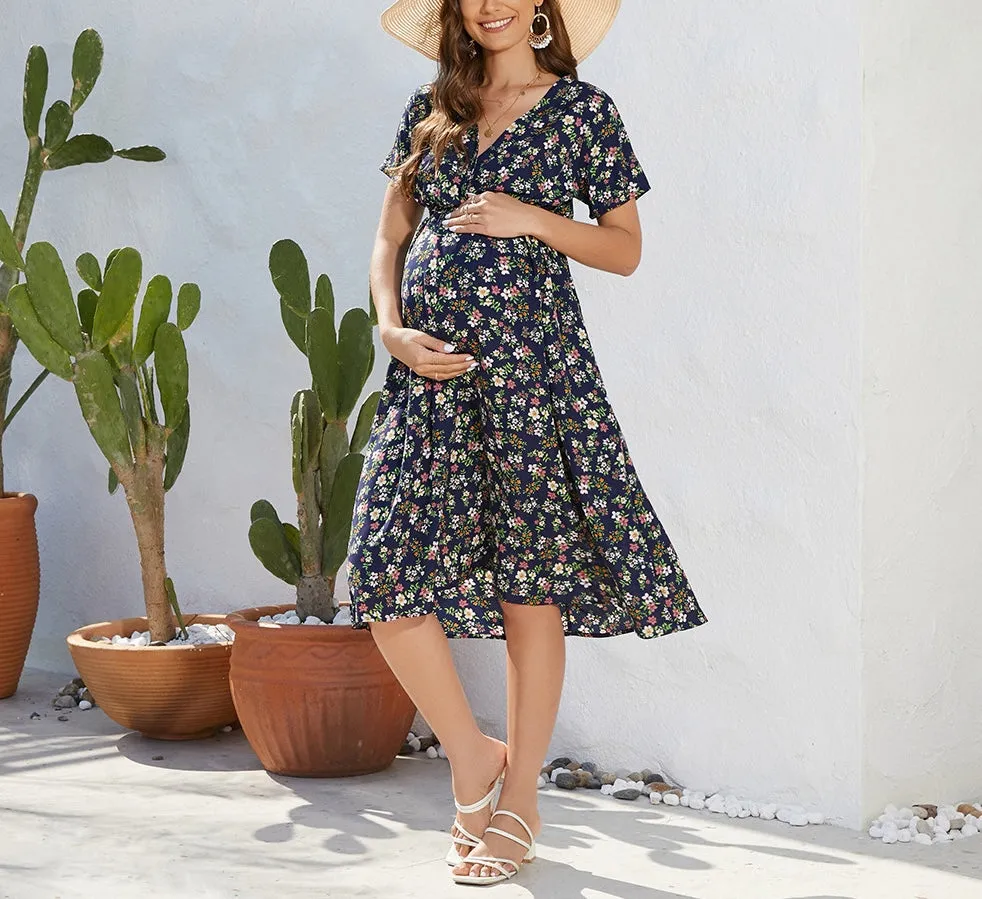 Chic Floral Print Short Sleeve Maternity Dress W2027
