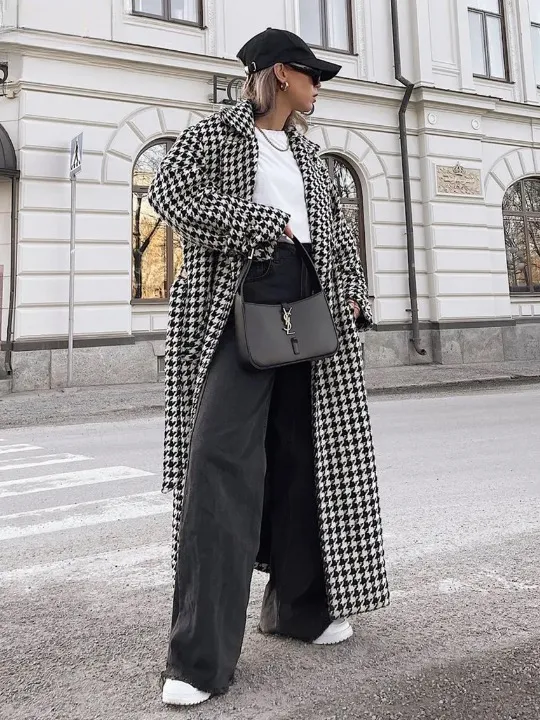 Clara Houndstooth Woolen Maxi Trench Coat