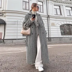 Clara Houndstooth Woolen Maxi Trench Coat