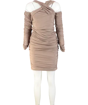 Club L Beige Elodie  Mocha Off Shoulder Bodycon Ruched Midi Dress UK 10