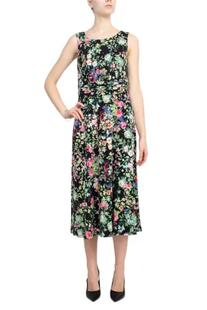 Connected Apparel Boat Neck Sleeveless Ruched Waist Floral Print Fit & Flare Jersey Midi Dress