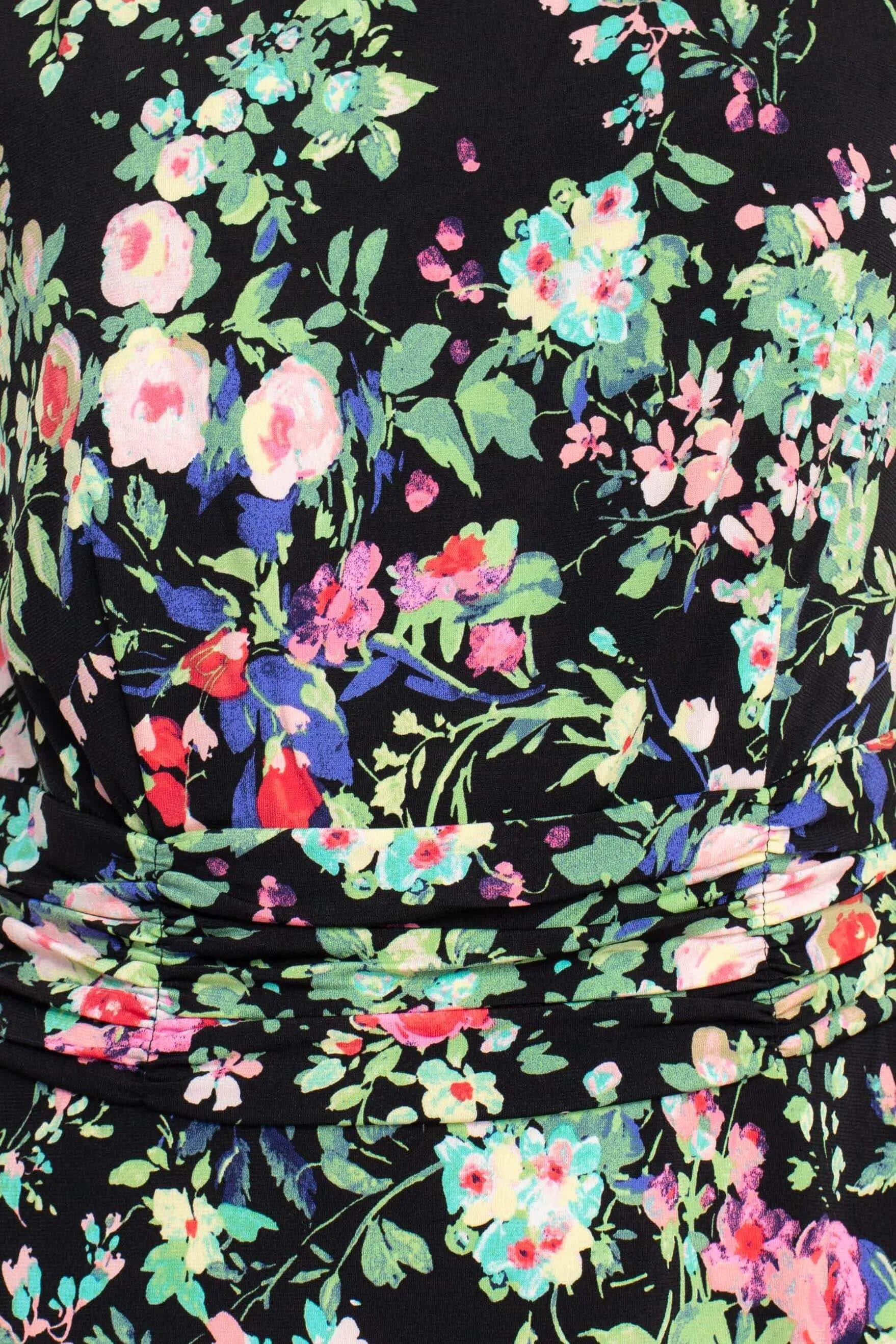Connected Apparel Boat Neck Sleeveless Ruched Waist Floral Print Fit & Flare Jersey Midi Dress