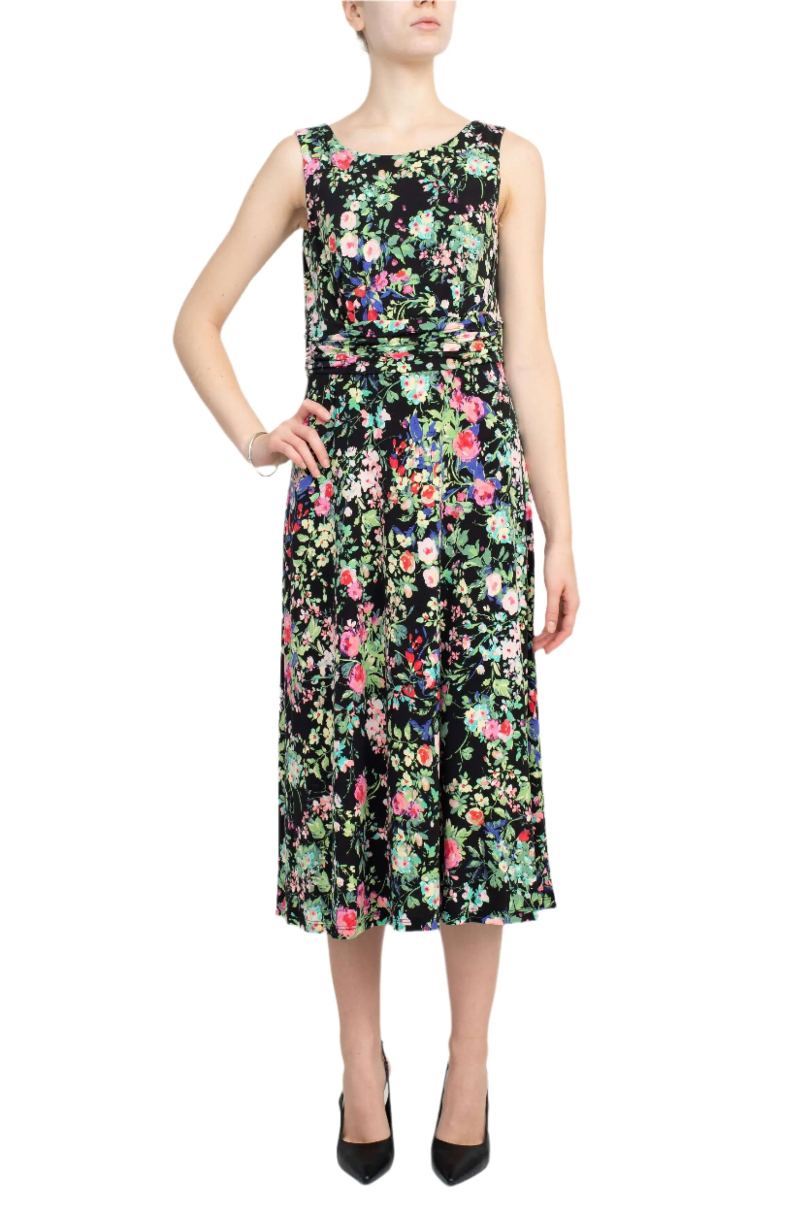 Connected Apparel Boat Neck Sleeveless Ruched Waist Floral Print Fit & Flare Jersey Midi Dress