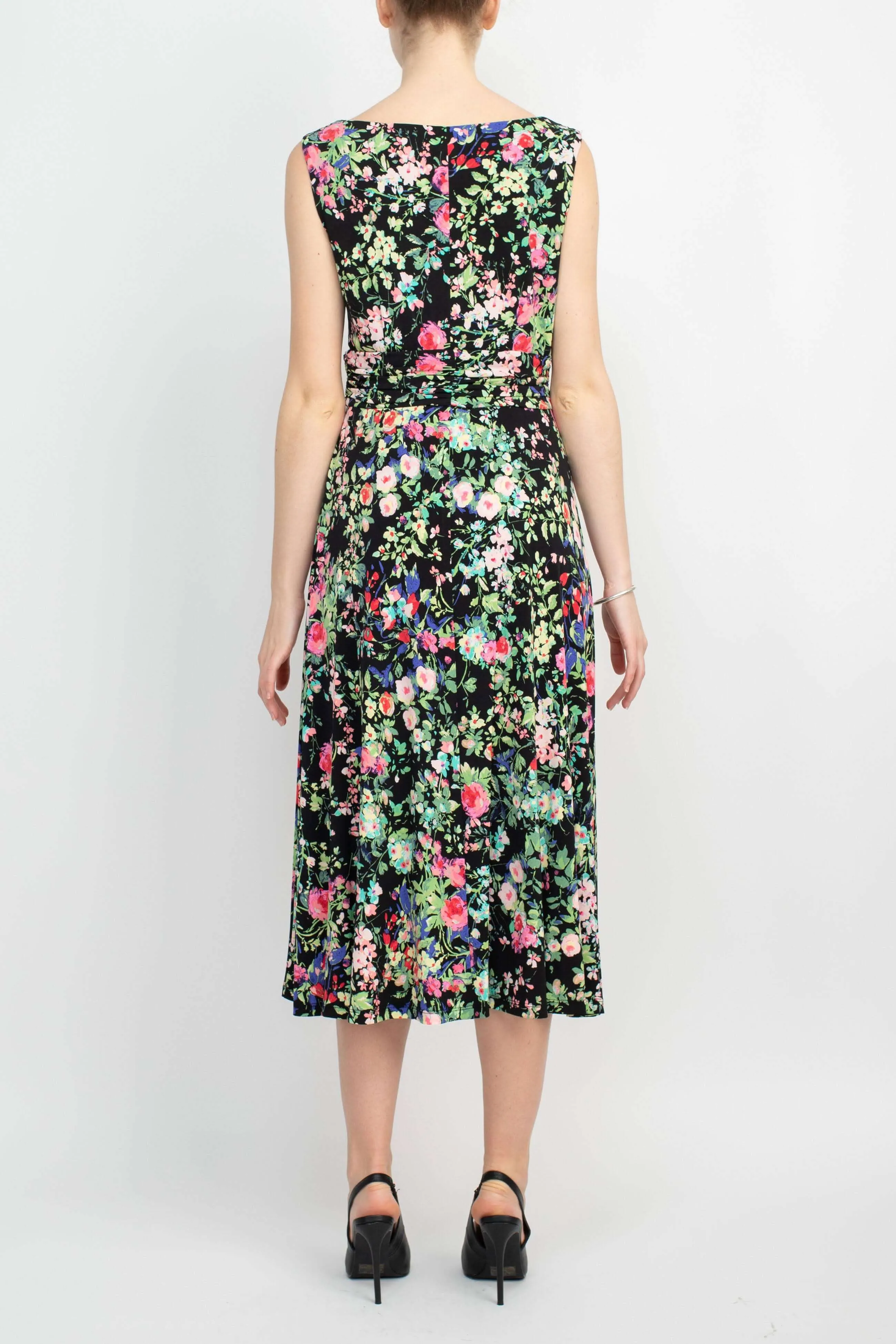 Connected Apparel Boat Neck Sleeveless Ruched Waist Floral Print Fit & Flare Jersey Midi Dress