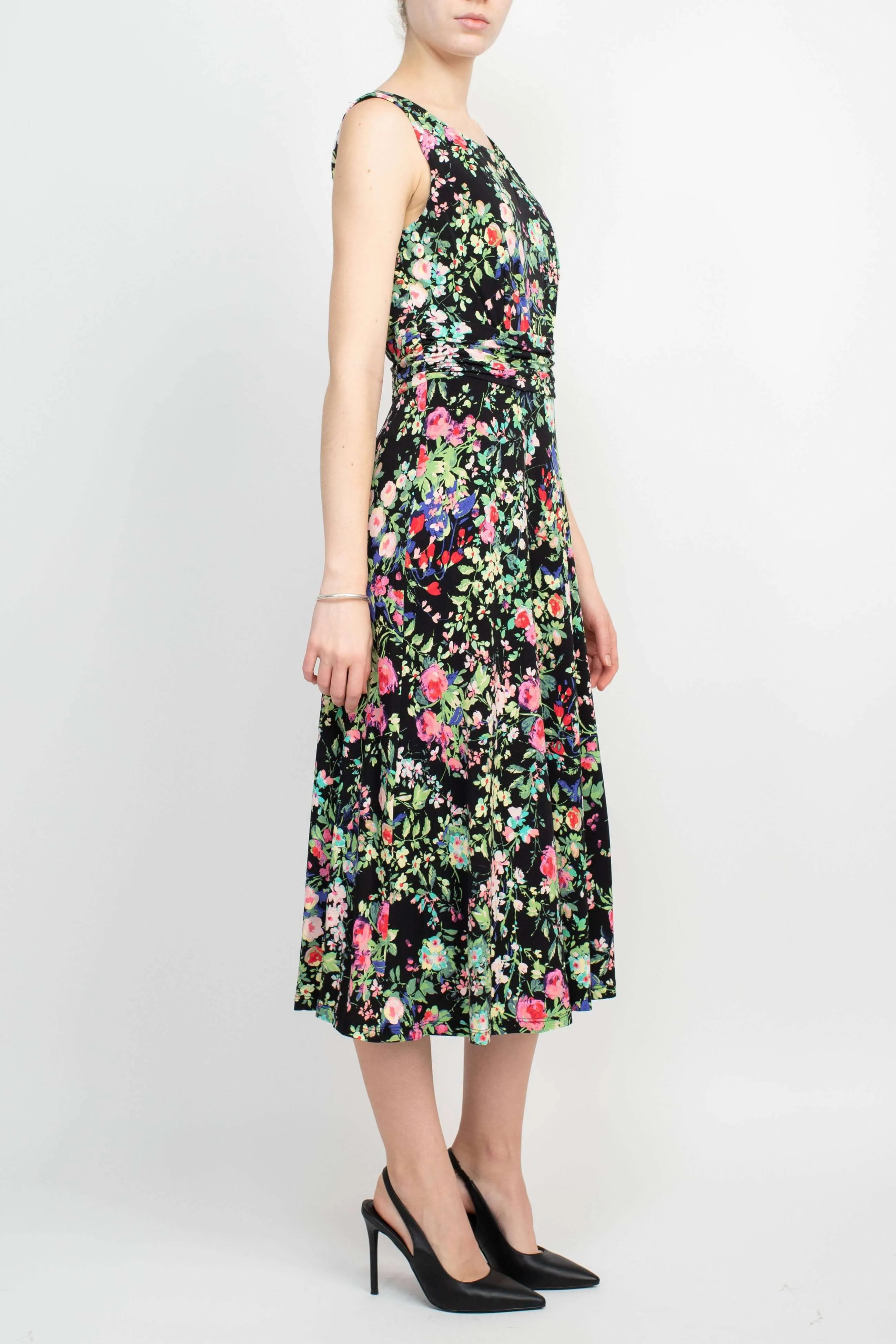 Connected Apparel Boat Neck Sleeveless Ruched Waist Floral Print Fit & Flare Jersey Midi Dress