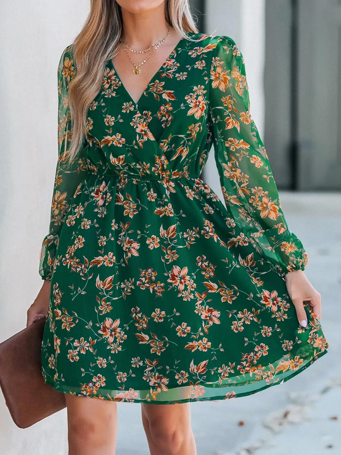 CUPSHE Women's Mini Dresses Casual Spring V Neck Chiffon Long Peasant Sleeves Flowy Summer Dress