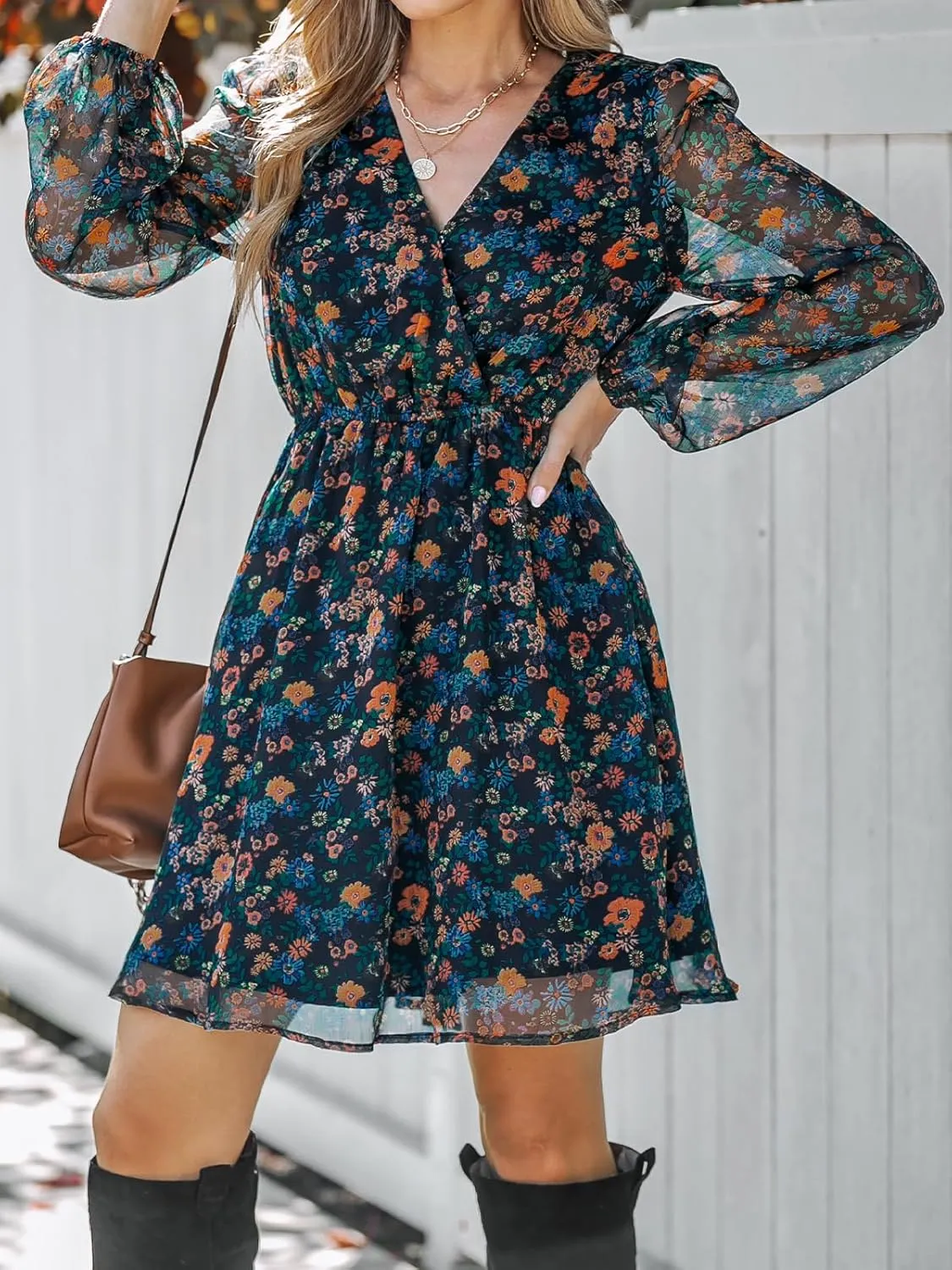 CUPSHE Women's Mini Dresses Casual Spring V Neck Chiffon Long Peasant Sleeves Flowy Summer Dress