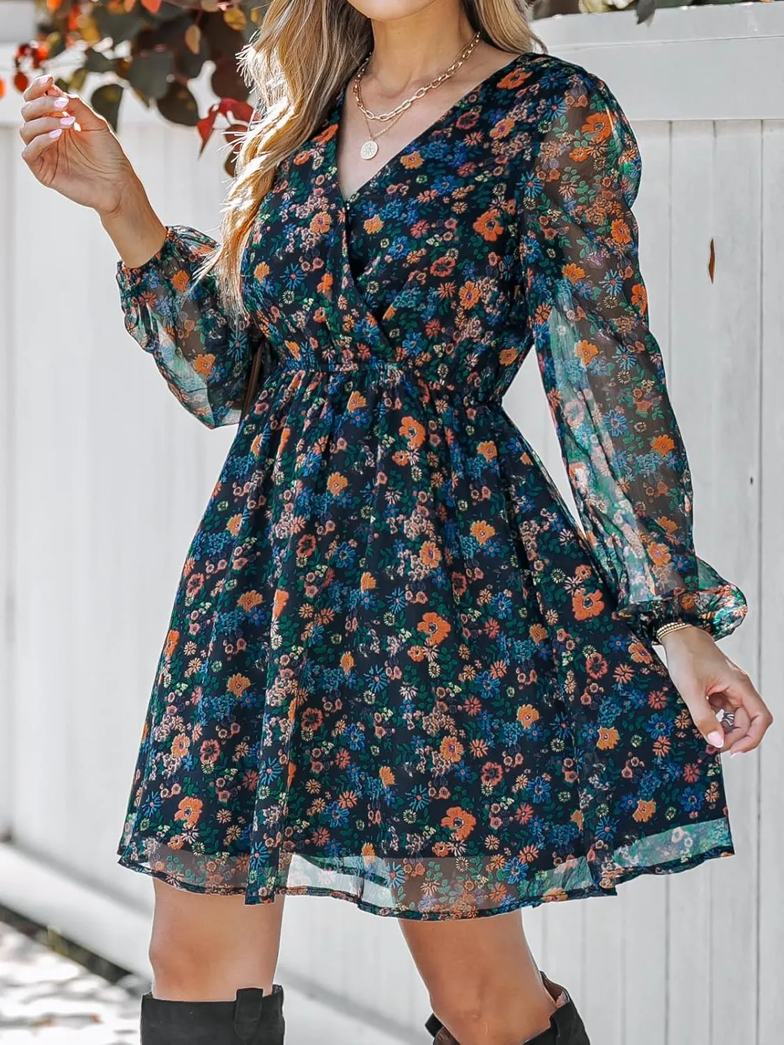 CUPSHE Women's Mini Dresses Casual Spring V Neck Chiffon Long Peasant Sleeves Flowy Summer Dress