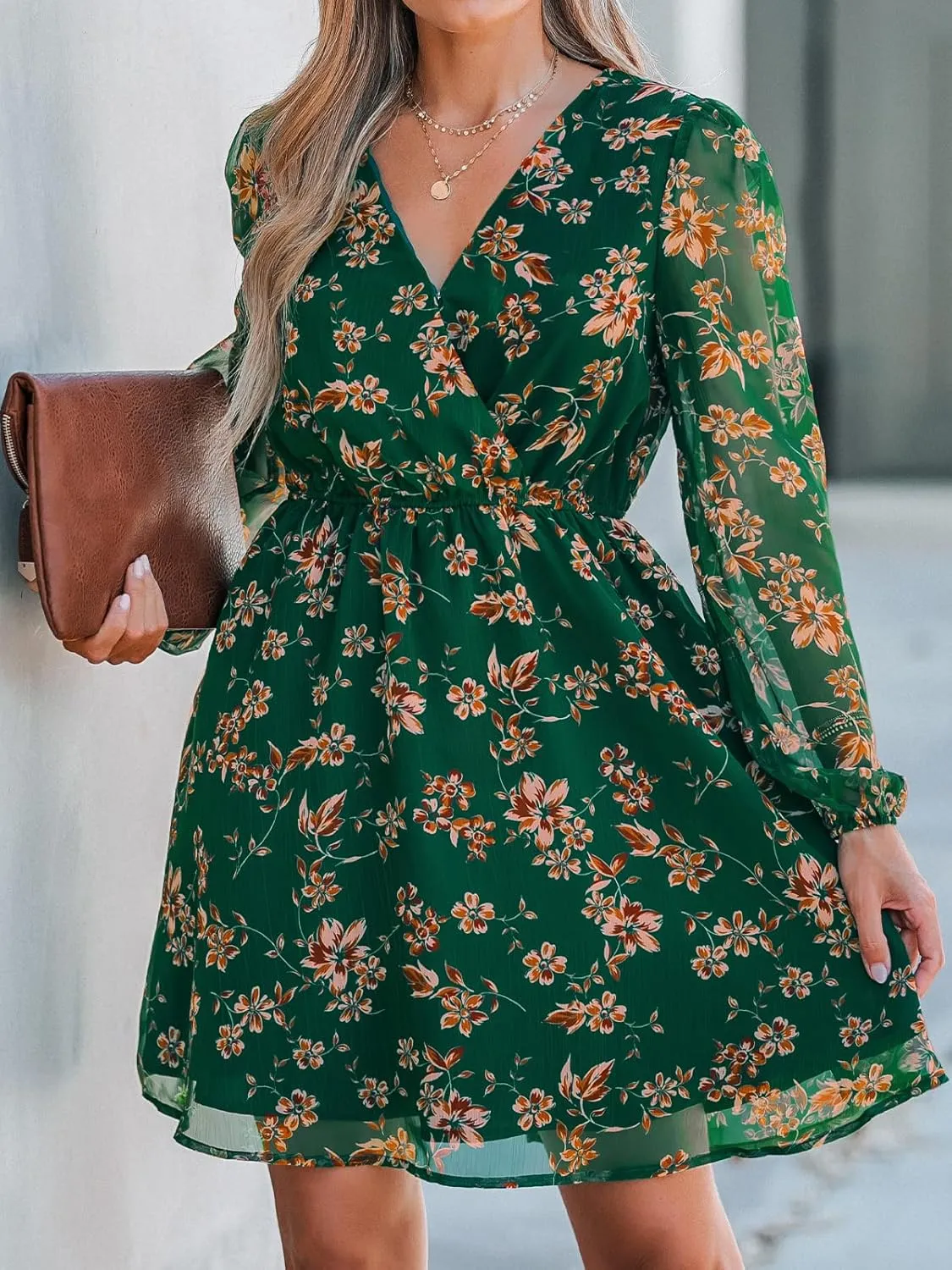 CUPSHE Women's Mini Dresses Casual Spring V Neck Chiffon Long Peasant Sleeves Flowy Summer Dress