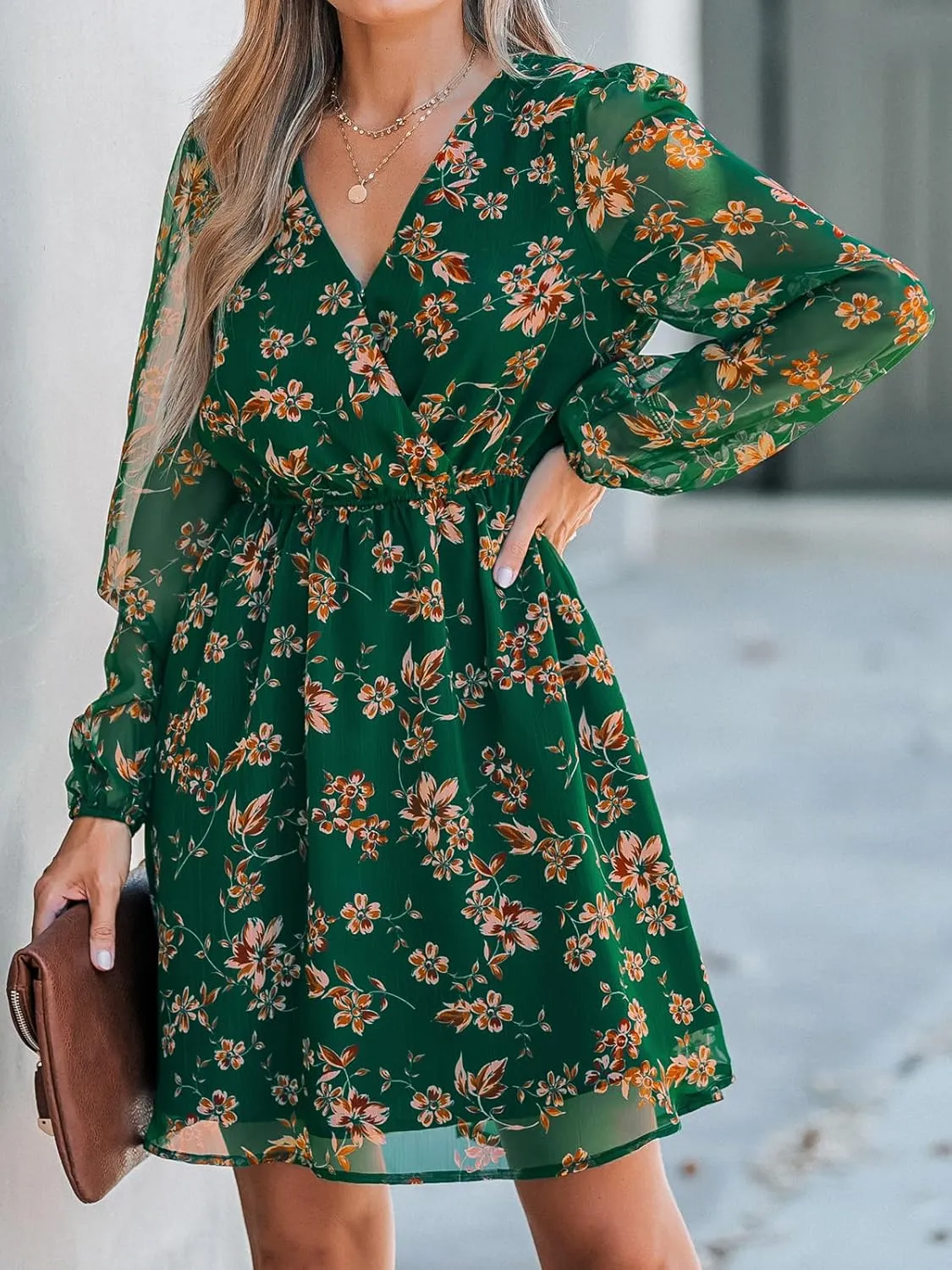 CUPSHE Women's Mini Dresses Casual Spring V Neck Chiffon Long Peasant Sleeves Flowy Summer Dress