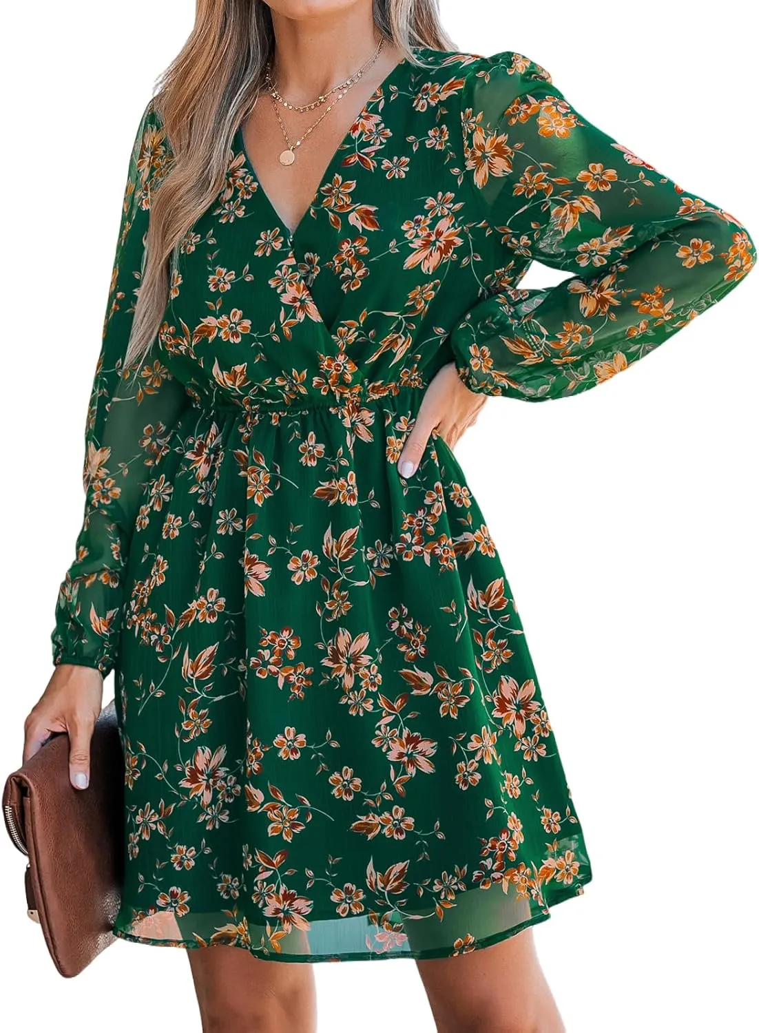 CUPSHE Women's Mini Dresses Casual Spring V Neck Chiffon Long Peasant Sleeves Flowy Summer Dress