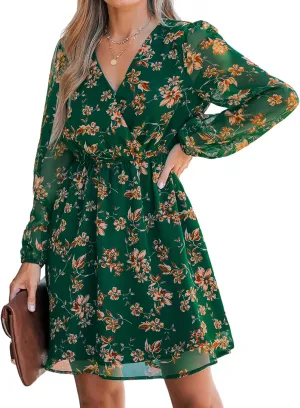 CUPSHE Women's Mini Dresses Casual Spring V Neck Chiffon Long Peasant Sleeves Flowy Summer Dress