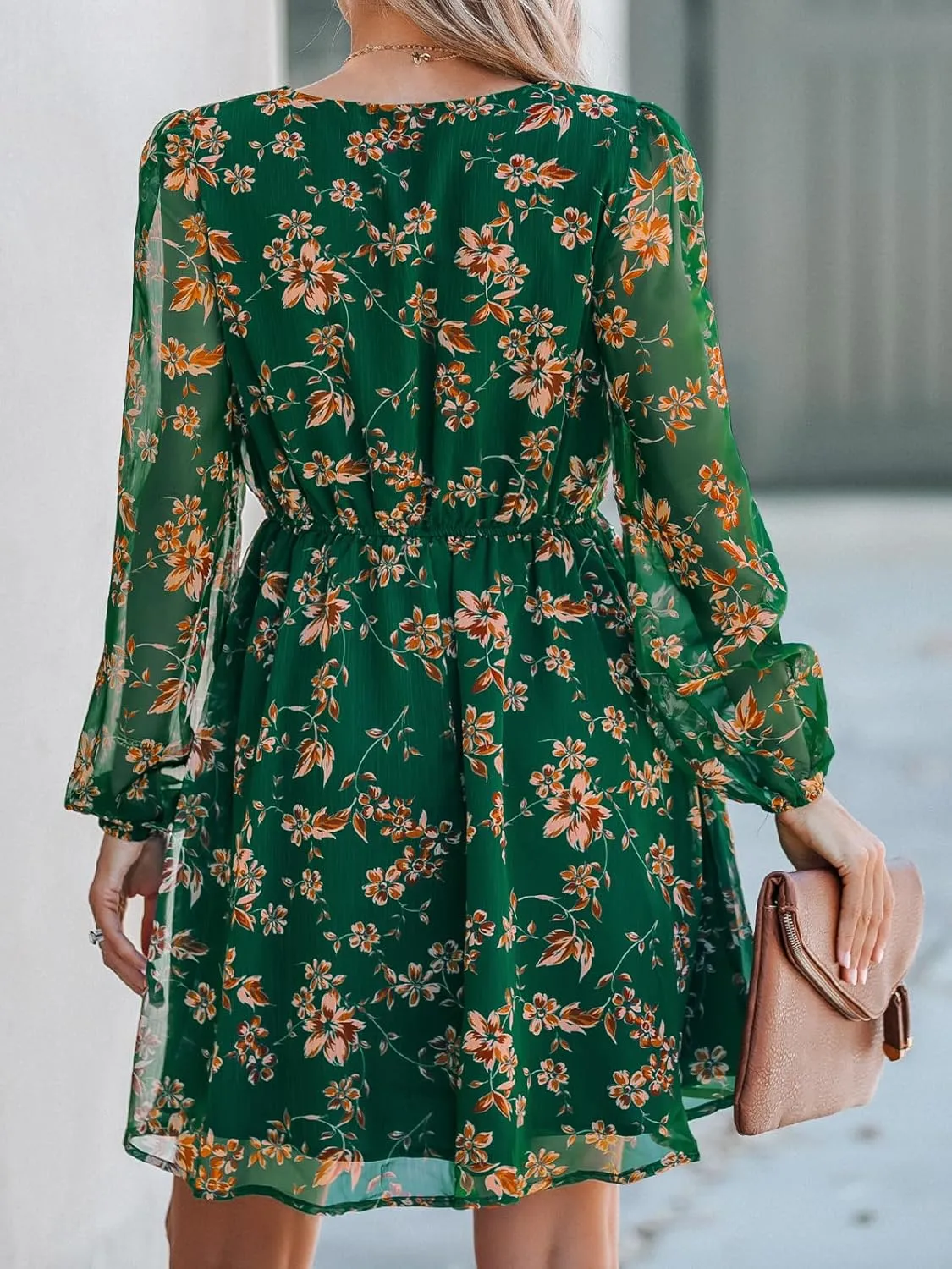 CUPSHE Women's Mini Dresses Casual Spring V Neck Chiffon Long Peasant Sleeves Flowy Summer Dress