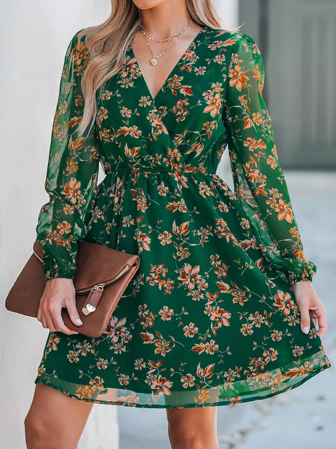 CUPSHE Women's Mini Dresses Casual Spring V Neck Chiffon Long Peasant Sleeves Flowy Summer Dress