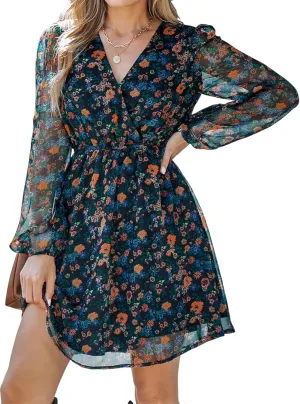 CUPSHE Women's Mini Dresses Casual Spring V Neck Chiffon Long Peasant Sleeves Flowy Summer Dress