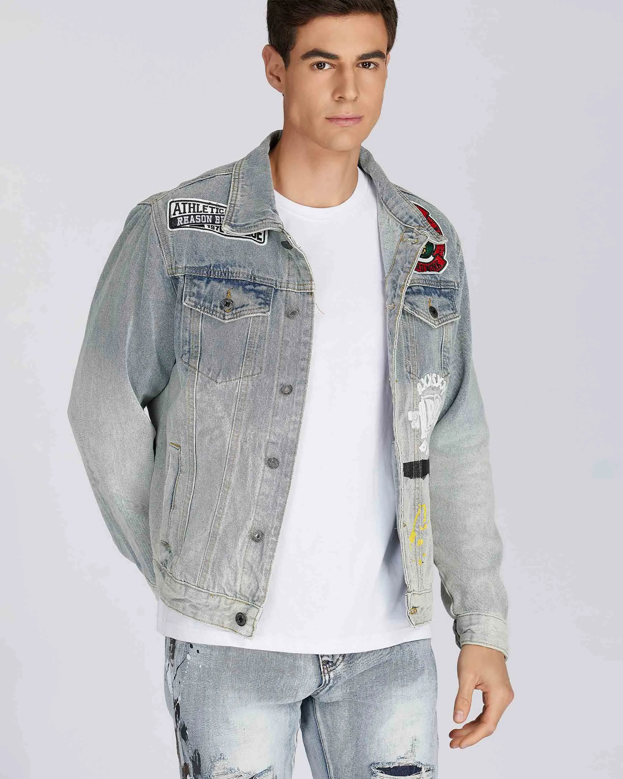 Distressed Blue Denim Jacket with Art Painted