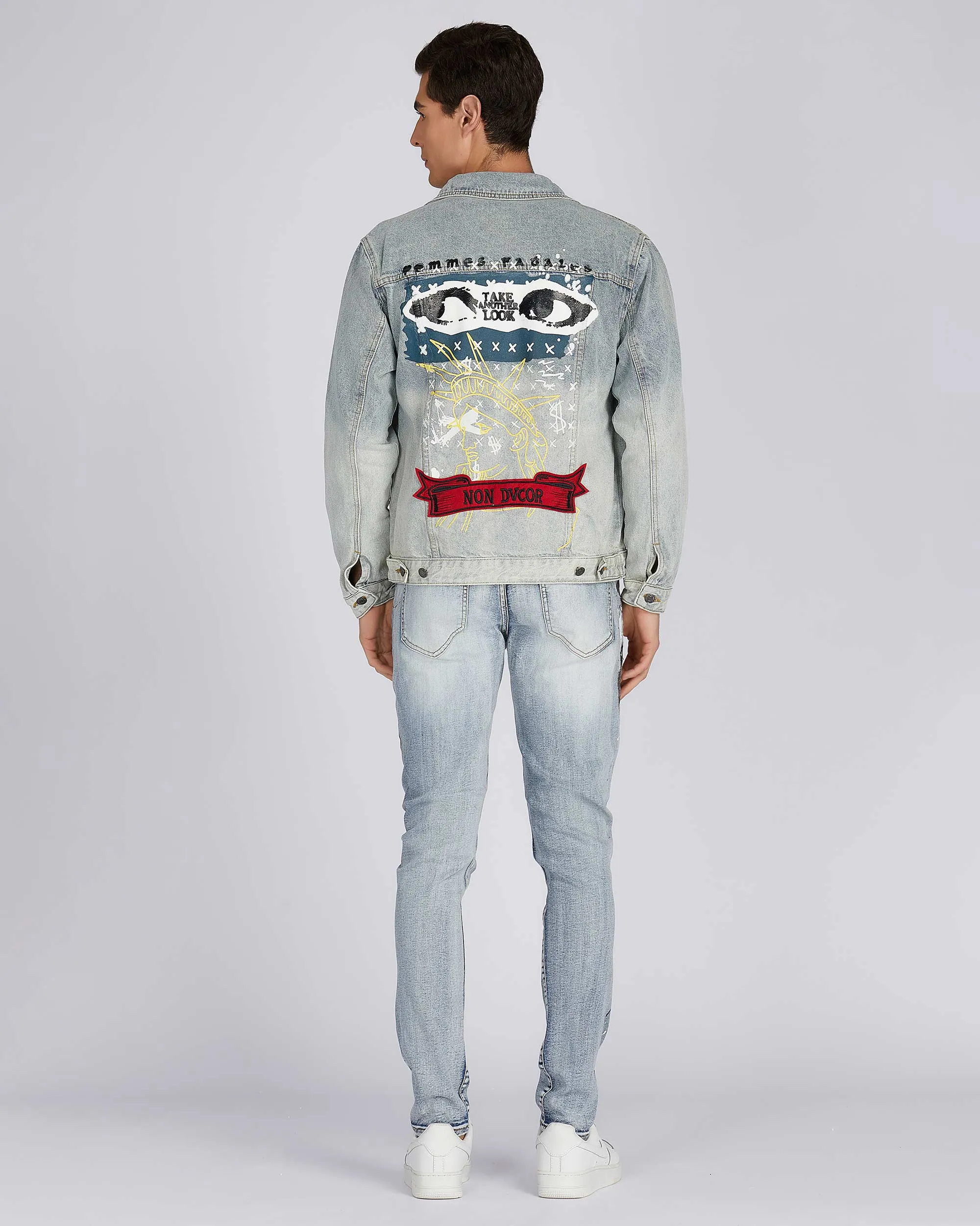 Distressed Blue Denim Jacket with Art Painted
