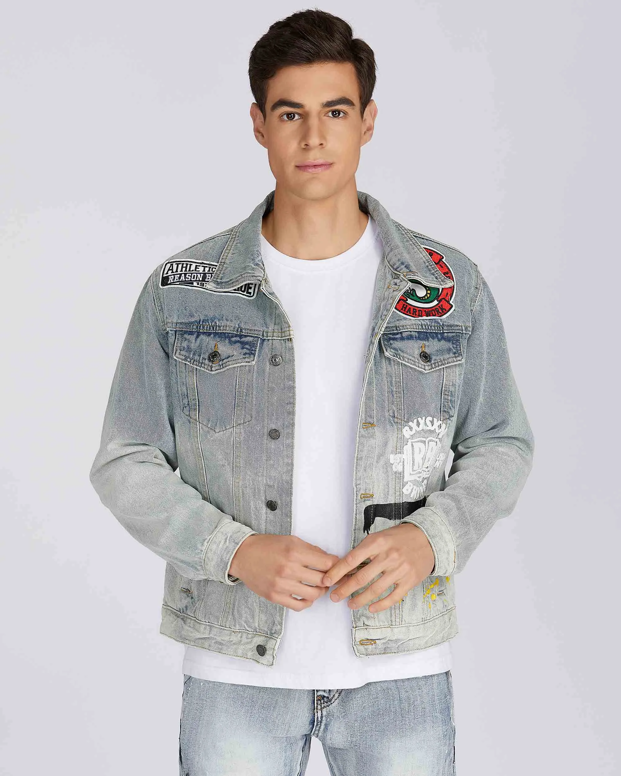Distressed Blue Denim Jacket with Art Painted