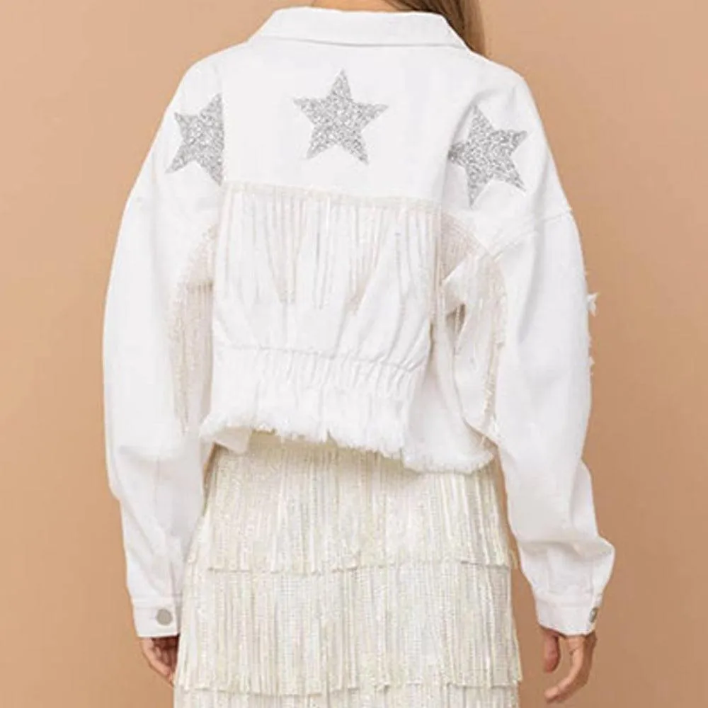 Distressed Raw Hem Dropped Shoulder Denim Jacket