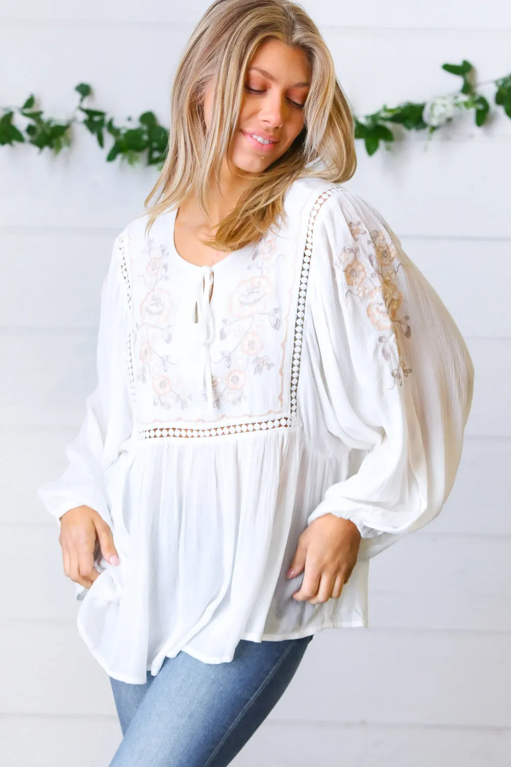 Dream Weaver Embroidered Crochet Peasant Blouse