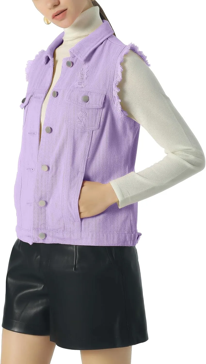 ebossy Women's Candy Color Slim Fit Sleeveless Distressed Denim Jean Vest Jacket