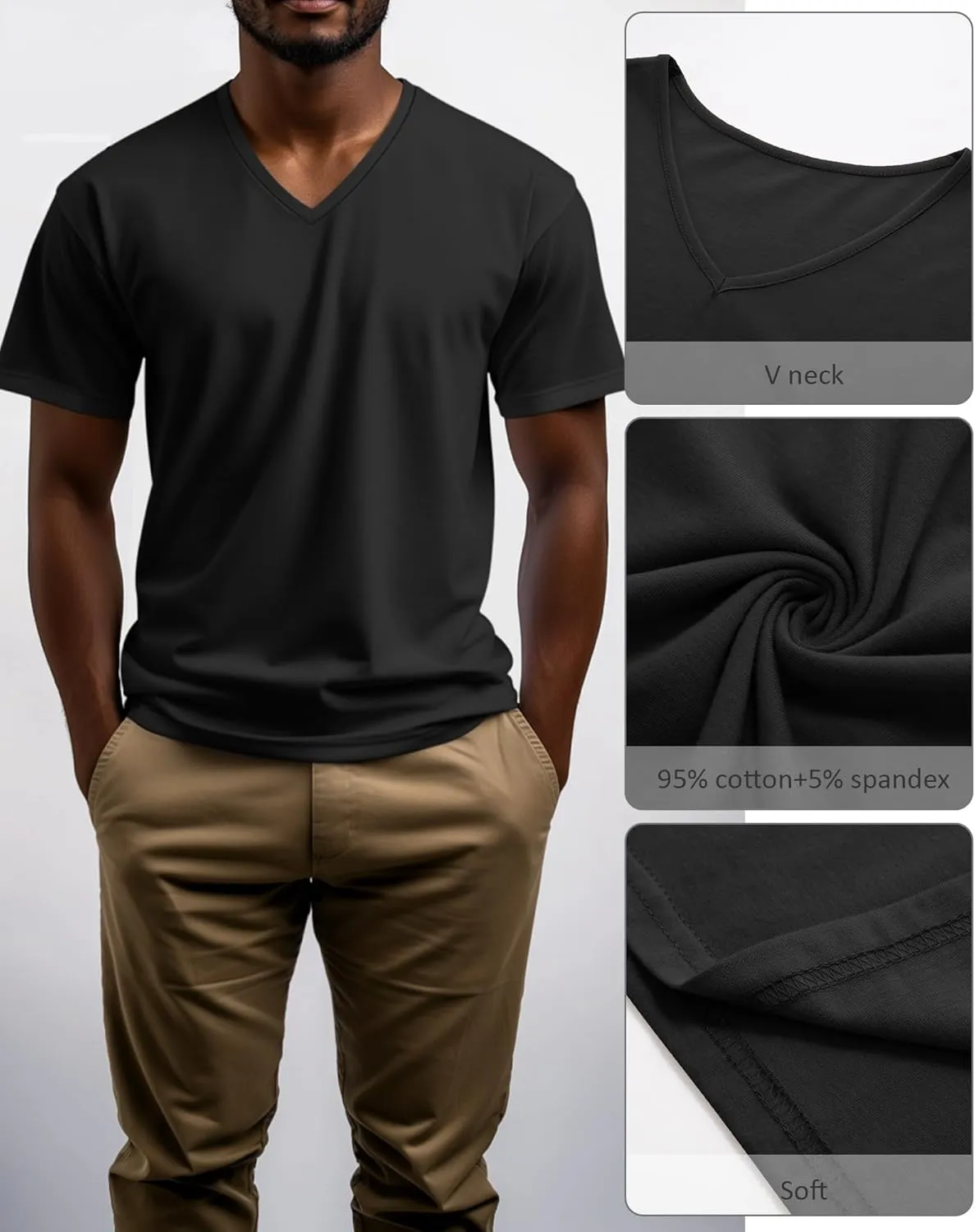 Ficerd 3 Pack Men's V Neck 95% Cotton T-Shirts M-7xl Big Tall Regular Soft Short Sleeve Basic 2025 Summer Clothes