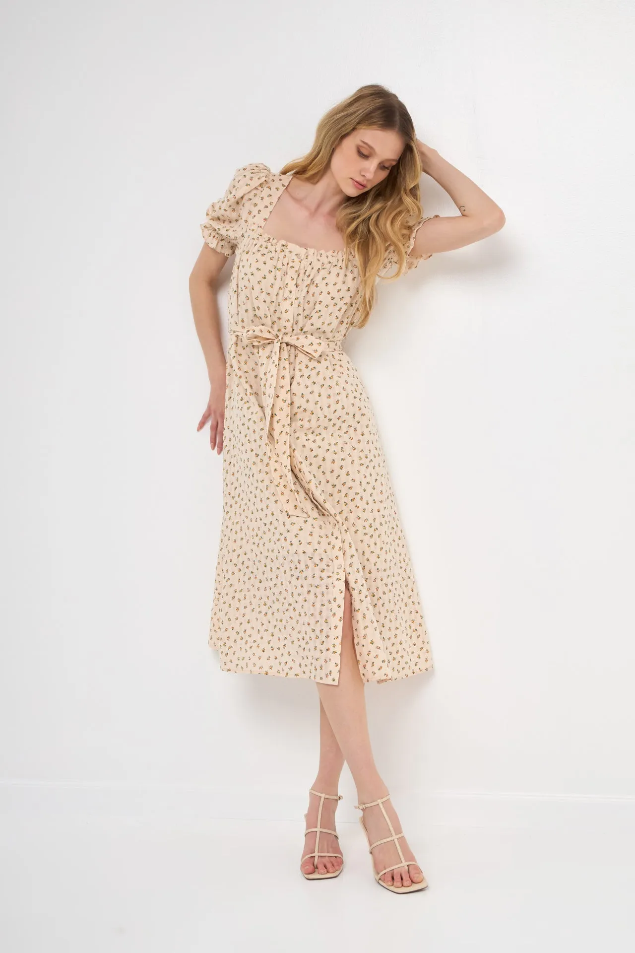 Floral Midi Dress with Short Puff Sleeves
