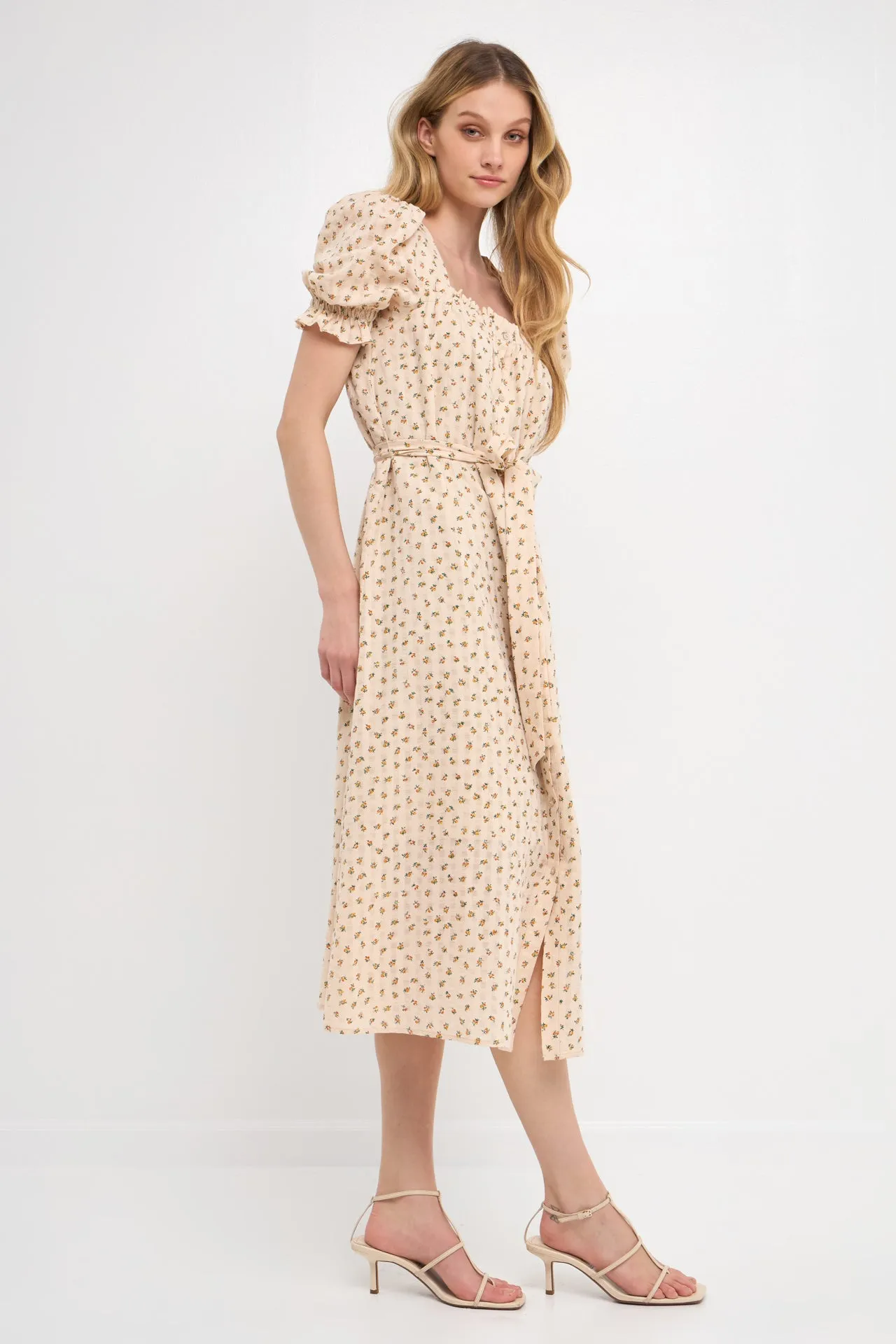 Floral Midi Dress with Short Puff Sleeves