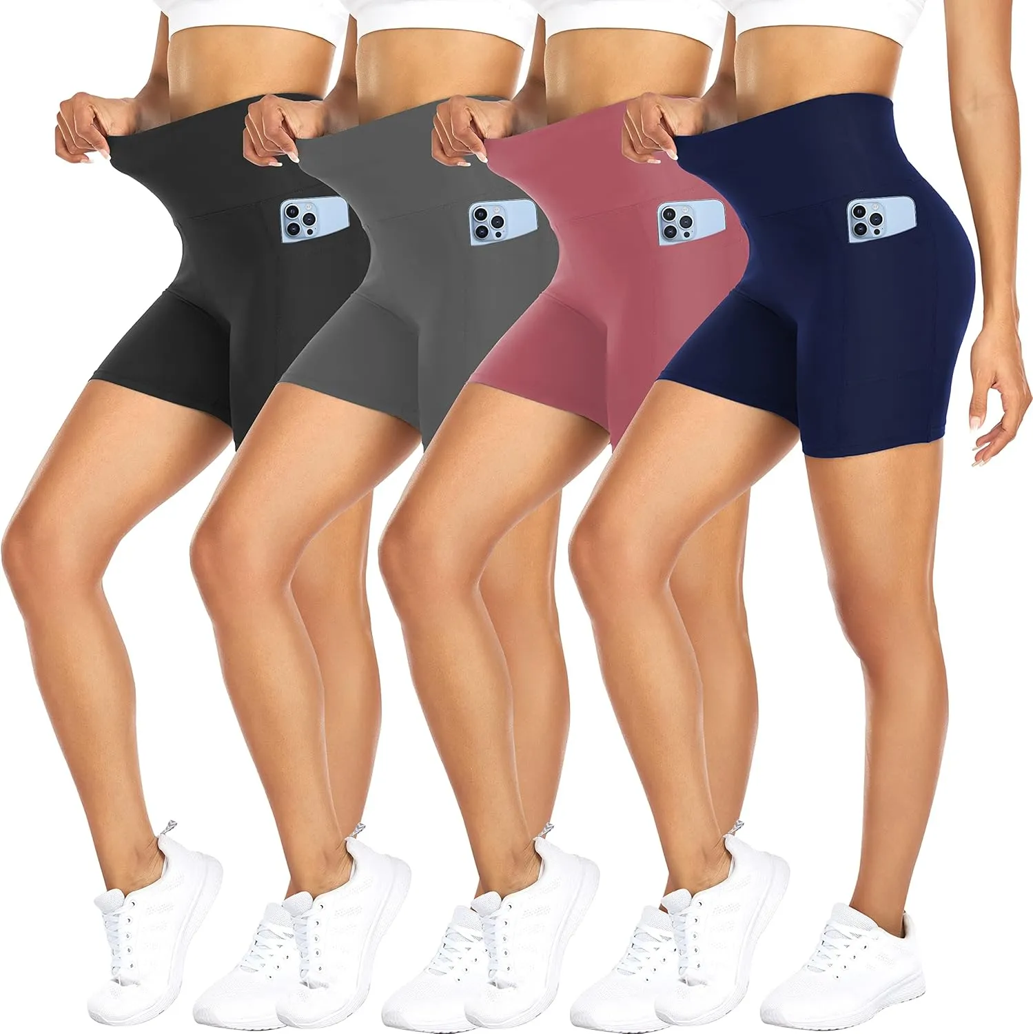 FULLSOFT 4 Pack Biker Shorts for Women with Pockets  5" High Waisted Tummy Control Workout Yoga Running Gym Tennis Shorts